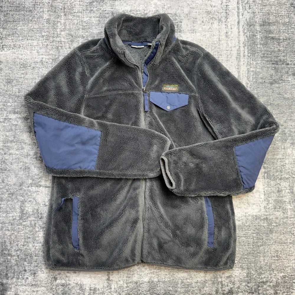 LL Bean Jacket Womens Medium Gray Hi Pile Fleece Full Zip Coat Elbow Patches - Picture 2 of 9